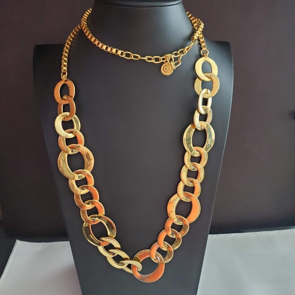 RJ Graziano Vintage Gold Tone Chunky Oval Link Statement Necklace Box Chain RJG
